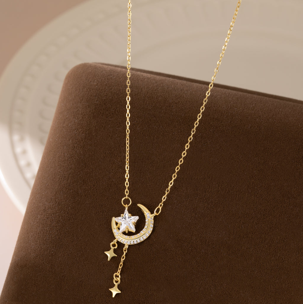Reffeer Solid 925 Sterling Silver Moon Star Necklace for Women Teen Girls CZ Moon Choker Necklace Dainty Star Pendant Necklace