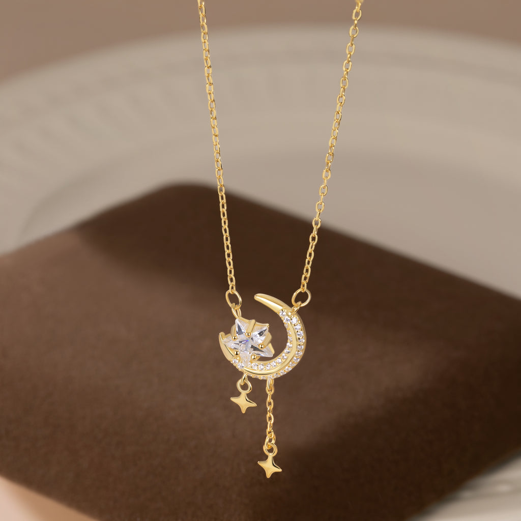 Reffeer Solid 925 Sterling Silver Moon Star Necklace for Women Teen Girls CZ Moon Choker Necklace Dainty Star Pendant Necklace