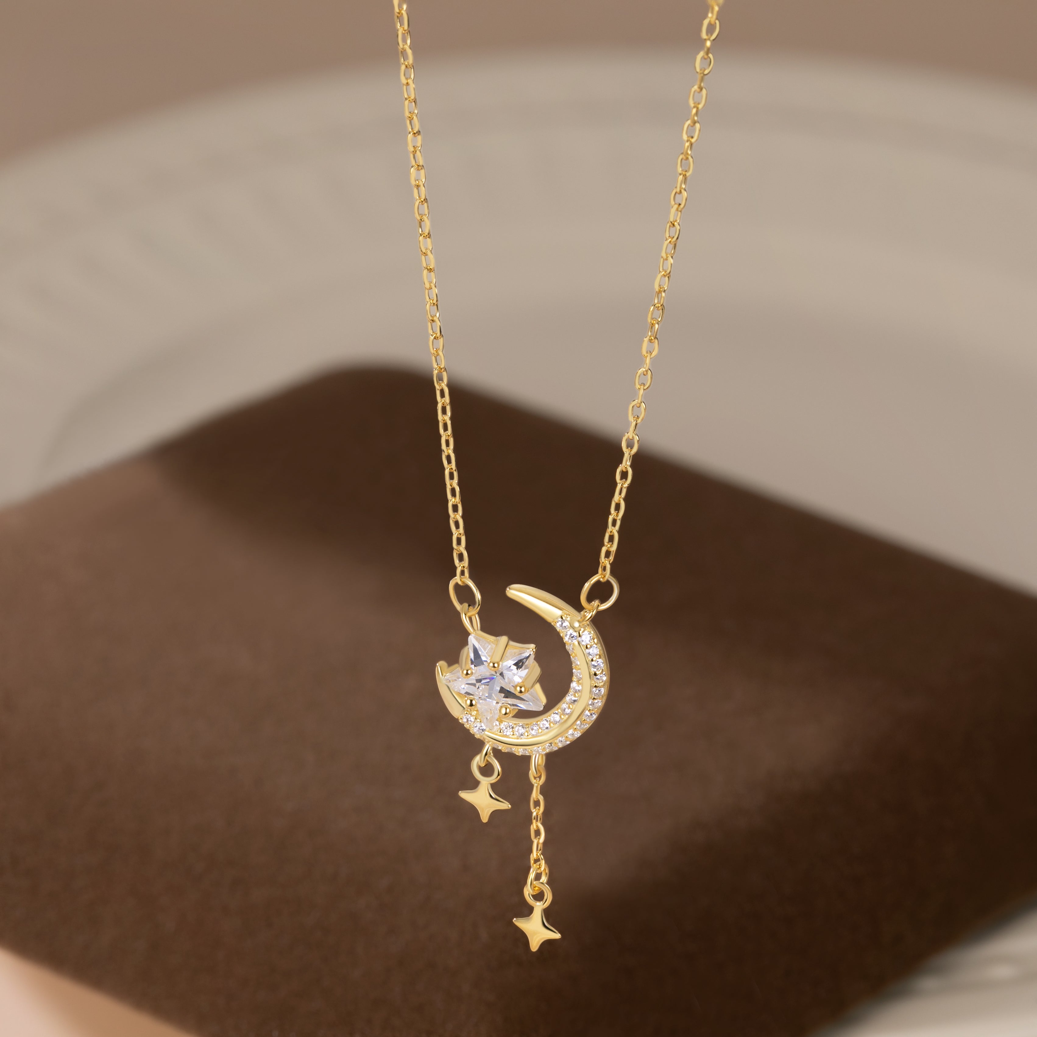 Reffeer Solid 925 Sterling Silver Moon Star Necklace for Women Teen Girls CZ Moon Choker Necklace Dainty Star Pendant Necklace