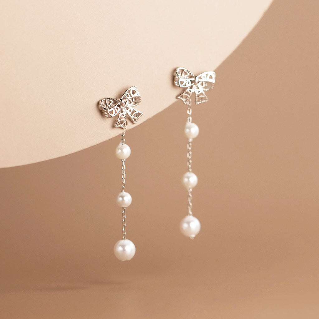 Reffeer Solid 925 Sterling Silver Pearl Chain Dangle Earrings Drops for Women Bow Drop Earrings Studs