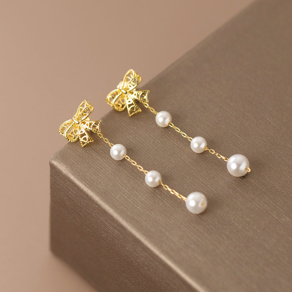 Reffeer Solid 925 Sterling Silver Pearl Chain Dangle Earrings Drops for Women Bow Drop Earrings Studs