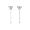 Reffeer Solid 925 Sterling Silver Pearl Chain Dangle Earrings Drops for Women Bow Drop Earrings Studs