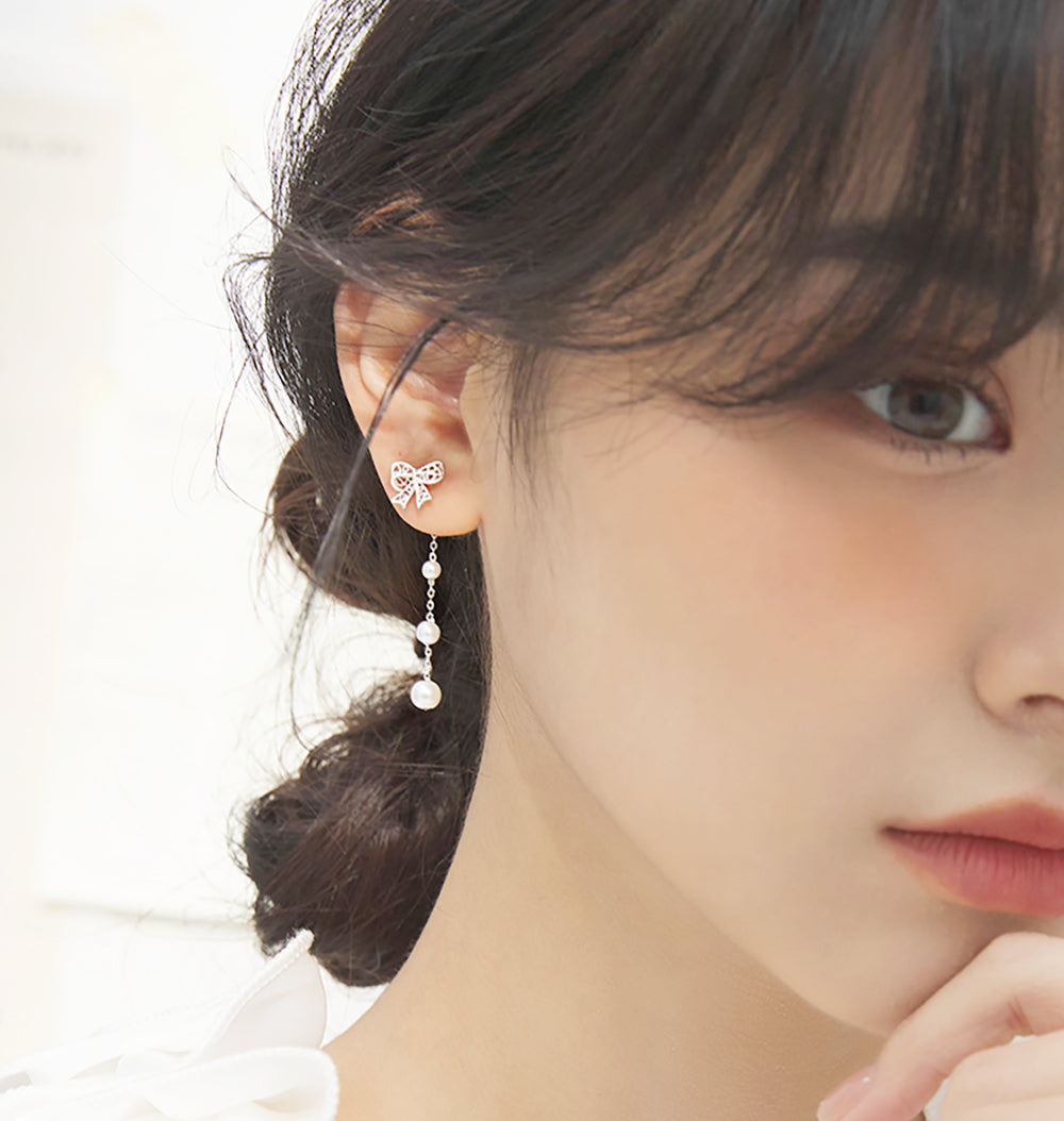 Reffeer Solid 925 Sterling Silver Pearl Chain Dangle Earrings Drops for Women Bow Drop Earrings Studs