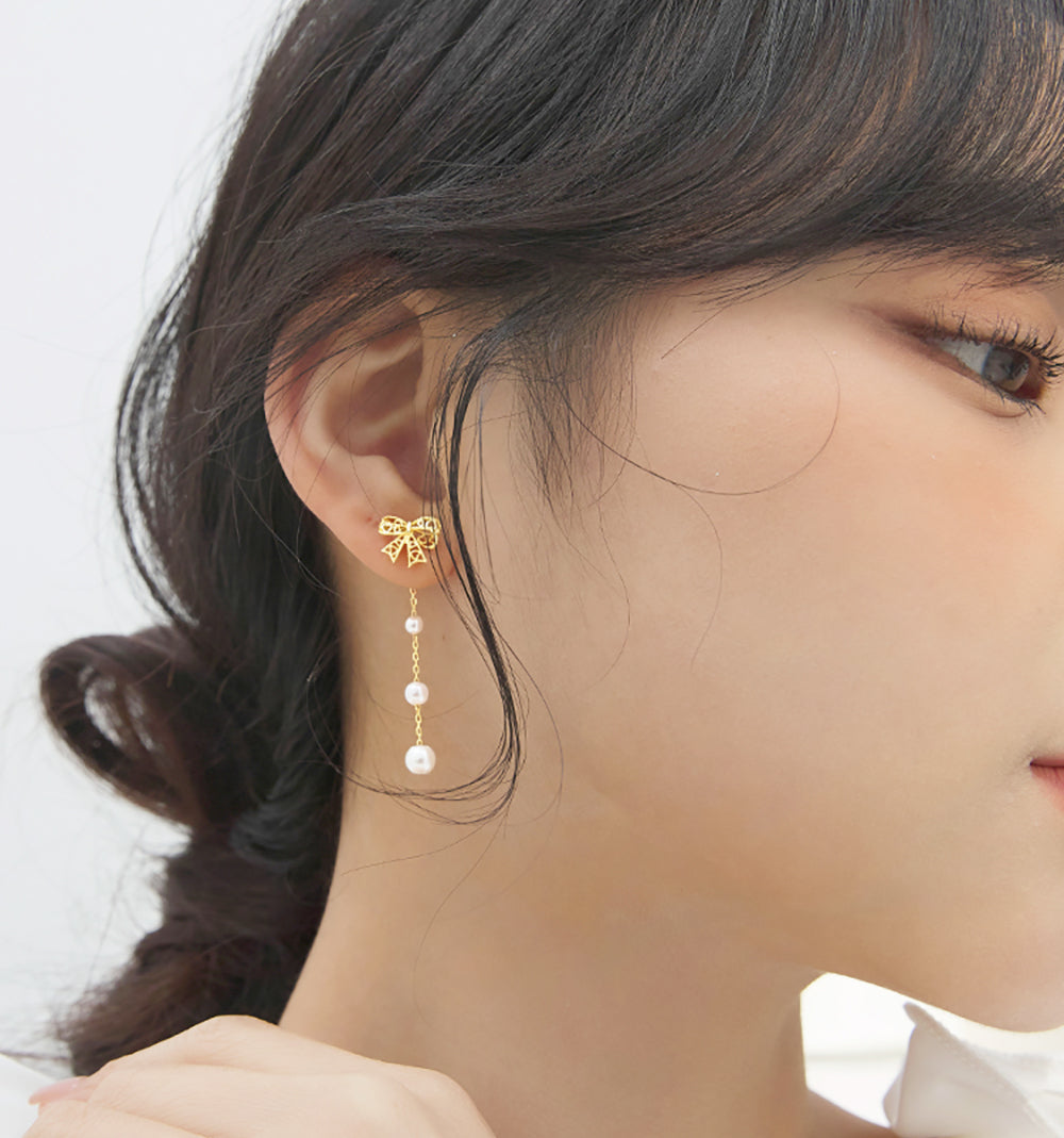 Reffeer Solid 925 Sterling Silver Pearl Chain Dangle Earrings Drops for Women Bow Drop Earrings Studs