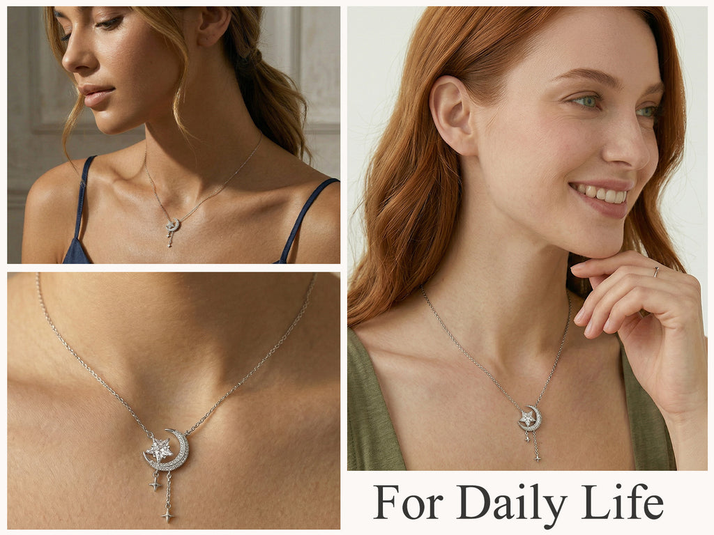 Reffeer Solid 925 Sterling Silver Moon Star Necklace for Women Teen Girls CZ Moon Choker Necklace Dainty Star Pendant Necklace
