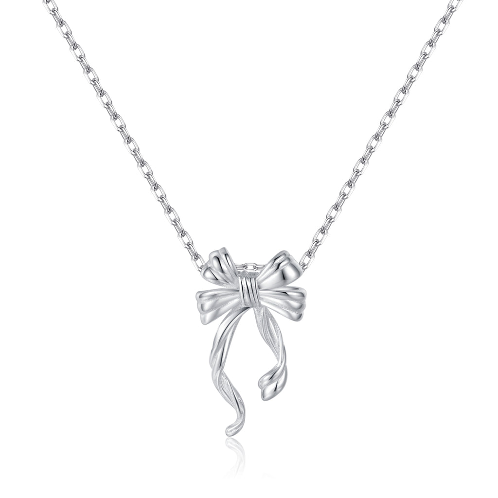 Reffeer Solid 925 Sterling Silver Bow Necklace for Women Teen Girls Bowknot Choker Necklace Pendant Ribbon Bow Necklace