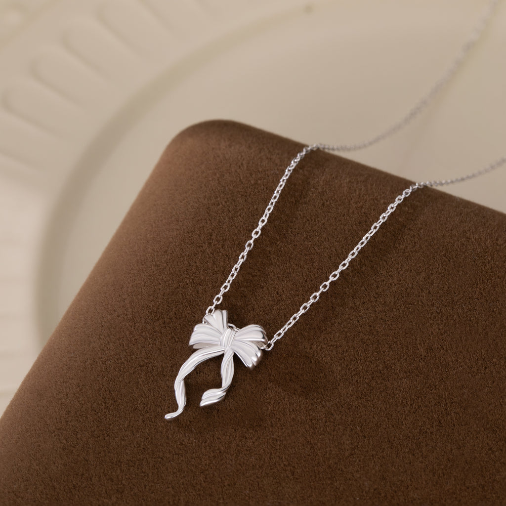Reffeer Solid 925 Sterling Silver Bow Necklace for Women Teen Girls Bowknot Choker Necklace Pendant Ribbon Bow Necklace