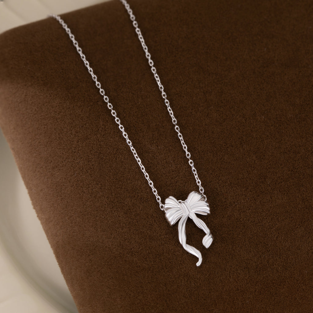 Reffeer Solid 925 Sterling Silver Bow Necklace for Women Teen Girls Bowknot Choker Necklace Pendant Ribbon Bow Necklace