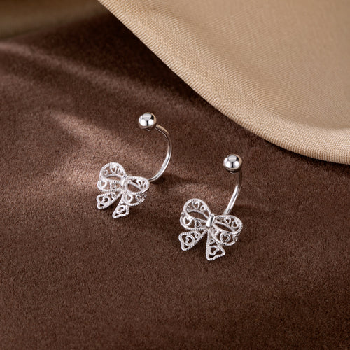 Reffeer Solid 925 Sterling Silver Bow Half Hoop Earrings Huggie for Women Teen Girls Bowknot Hoop Earrings Open Hoops