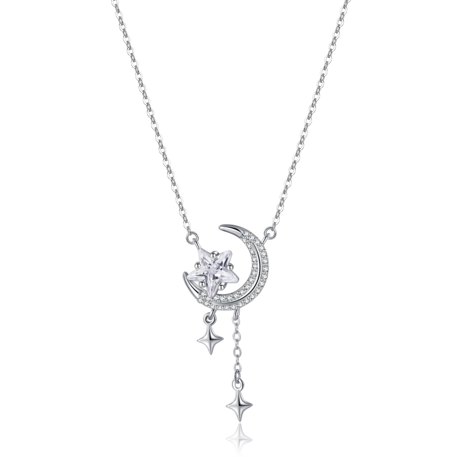 Reffeer Solid 925 Sterling Silver Moon Star Necklace for Women Teen Girls CZ Moon Choker Necklace Dainty Star Pendant Necklace