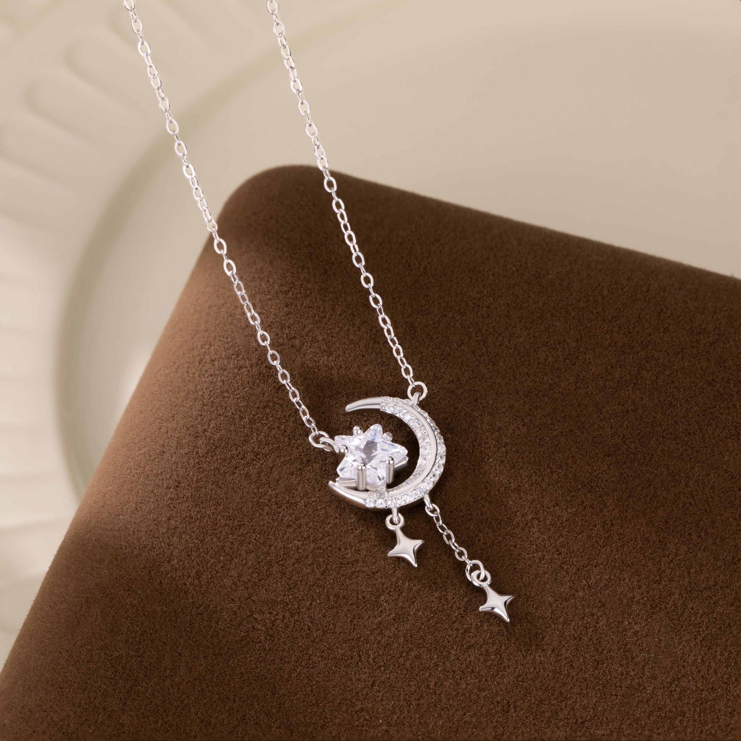 Reffeer Solid 925 Sterling Silver Moon Star Necklace for Women Teen Girls CZ Moon Choker Necklace Dainty Star Pendant Necklace