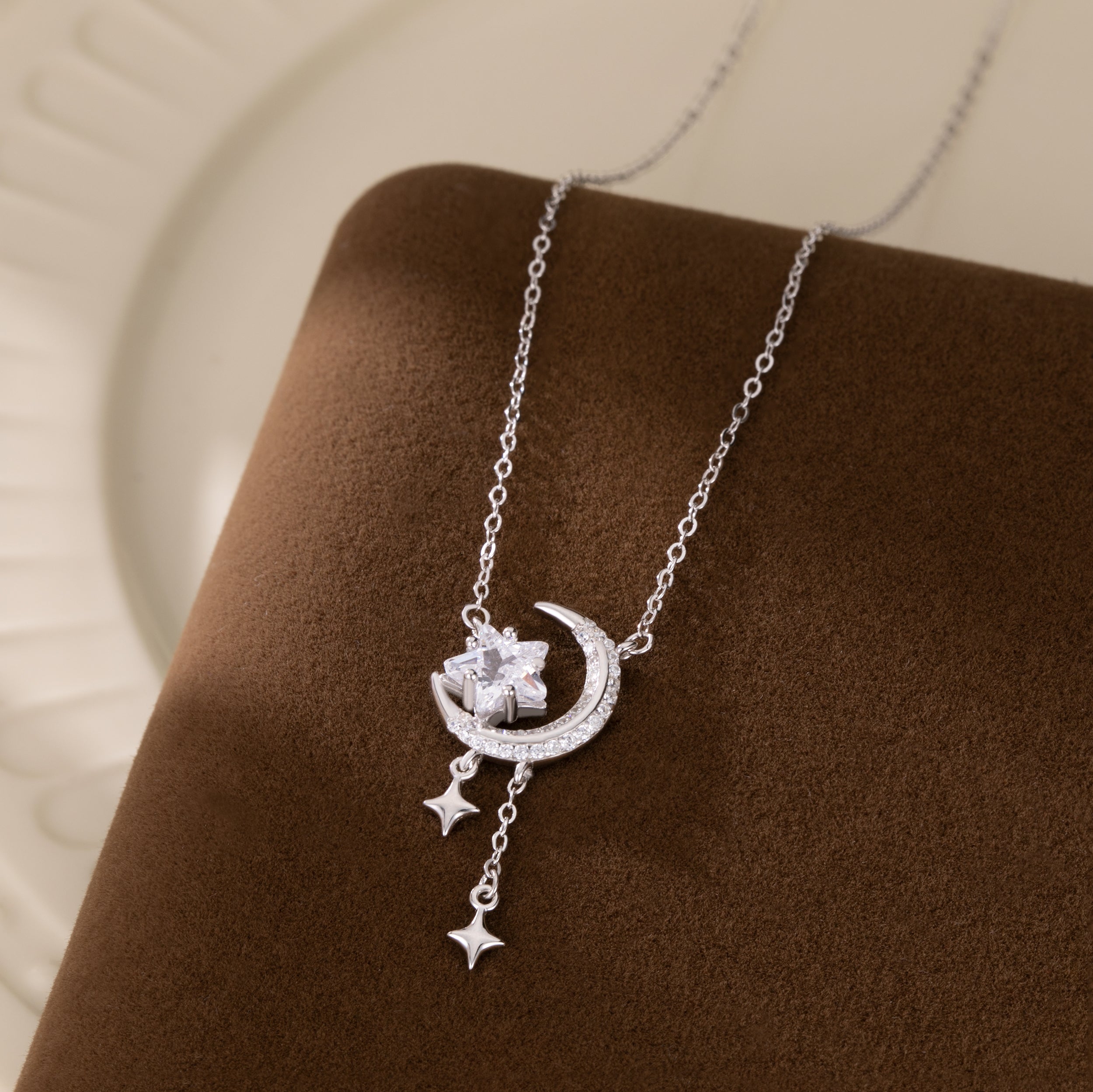 Reffeer Solid 925 Sterling Silver Moon Star Necklace for Women Teen Girls CZ Moon Choker Necklace Dainty Star Pendant Necklace