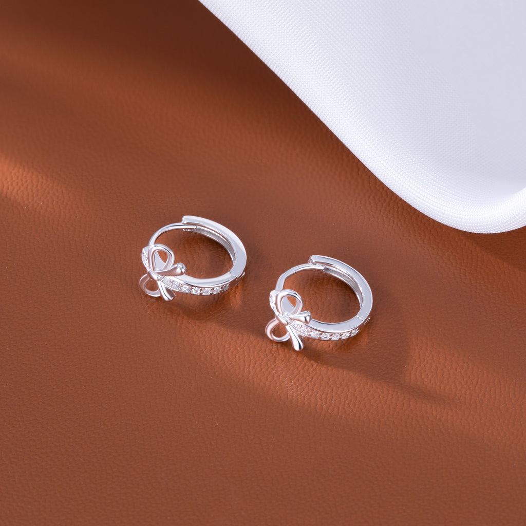 Reffeer Solid 925 Sterling Silver CZ Bow Hoop Earrings for Women Teen Girls Bowknot Hoop Earrings Ribbon Huggie