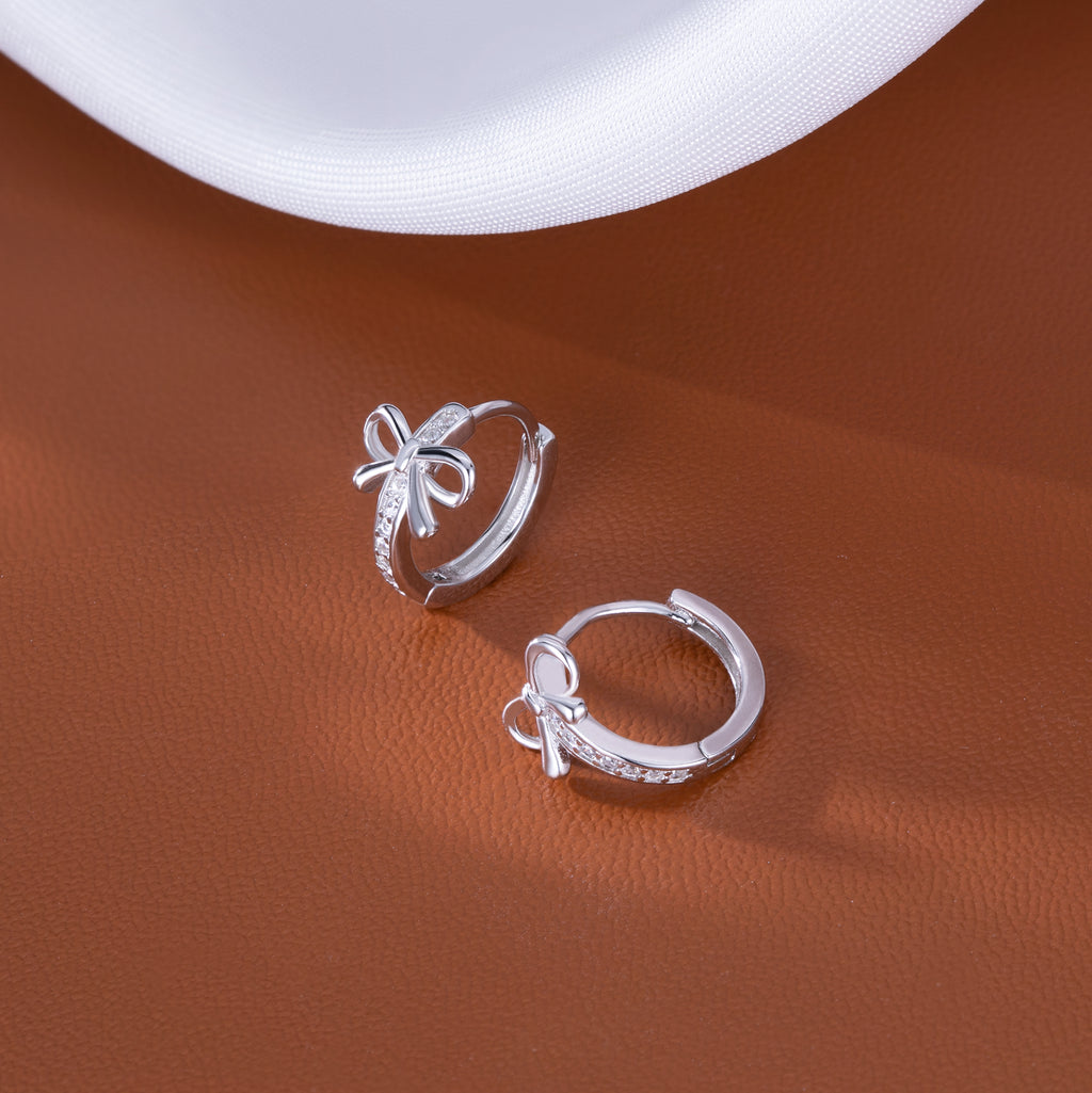 Reffeer Solid 925 Sterling Silver CZ Bow Hoop Earrings for Women Teen Girls Bowknot Hoop Earrings Ribbon Huggie