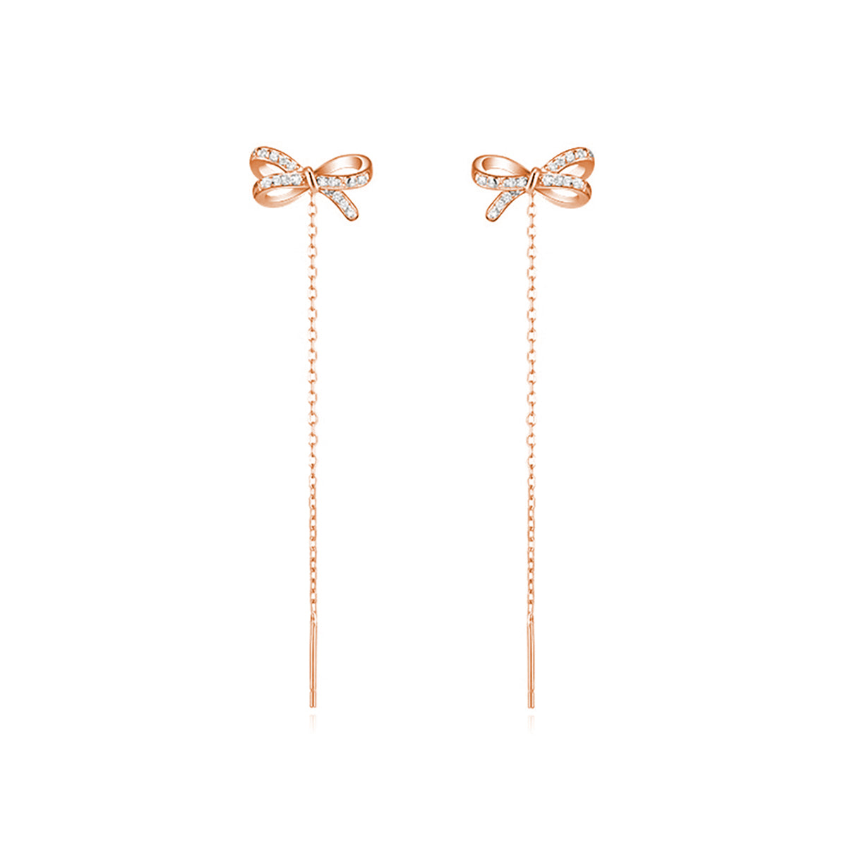 Reffeer Solid 925 Sterling Silver CZ Bow Dangle Chain Earrings for Women Teens Tiny Bow Dangle Earrings Threader Tassel