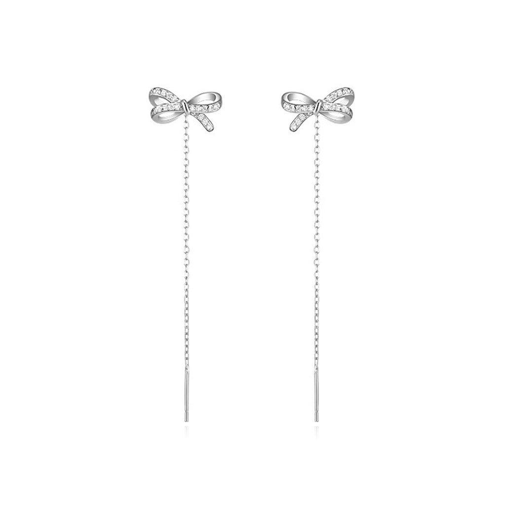 Reffeer Solid 925 Sterling Silver CZ Bow Dangle Chain Earrings for Women Teens Tiny Bow Dangle Earrings Threader Tassel