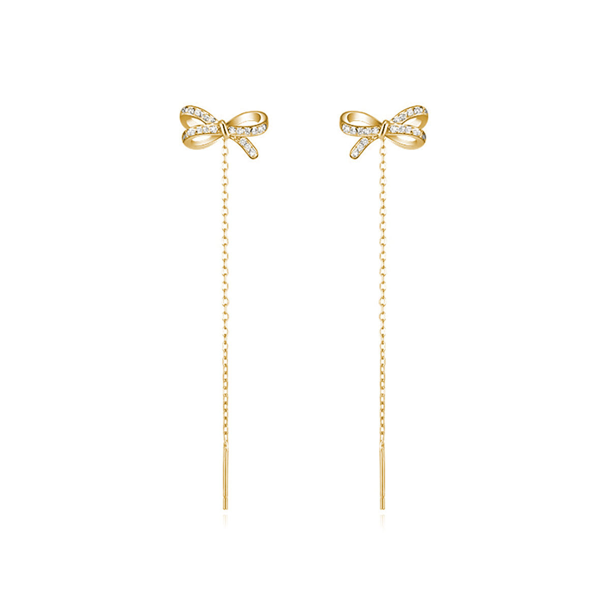 Reffeer Solid 925 Sterling Silver CZ Bow Dangle Chain Earrings for Women Teens Tiny Bow Dangle Earrings Threader Tassel