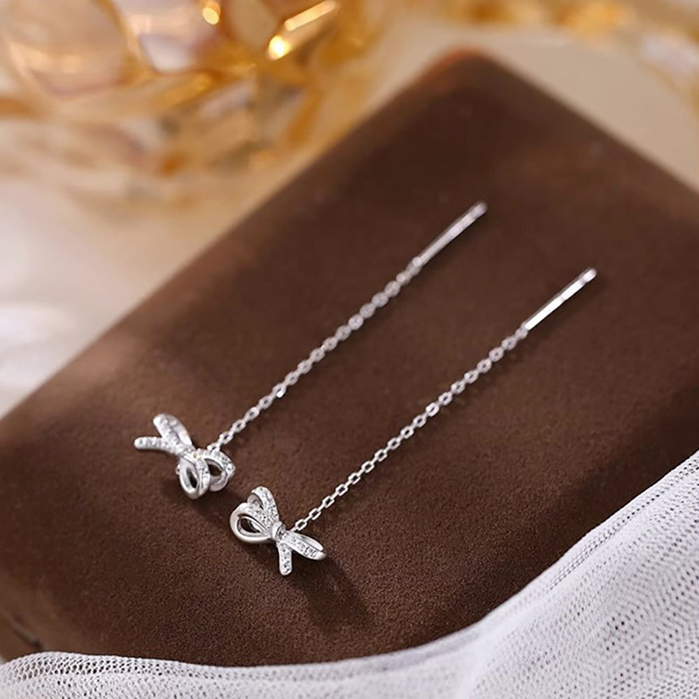 Reffeer Solid 925 Sterling Silver CZ Bow Dangle Chain Earrings for Women Teens Tiny Bow Dangle Earrings Threader Tassel