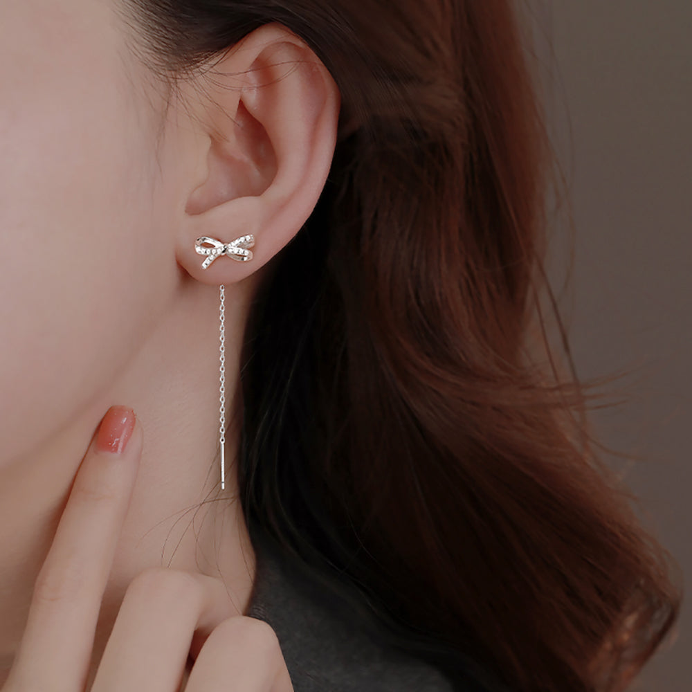Reffeer Solid 925 Sterling Silver CZ Bow Dangle Chain Earrings for Women Teens Tiny Bow Dangle Earrings Threader Tassel