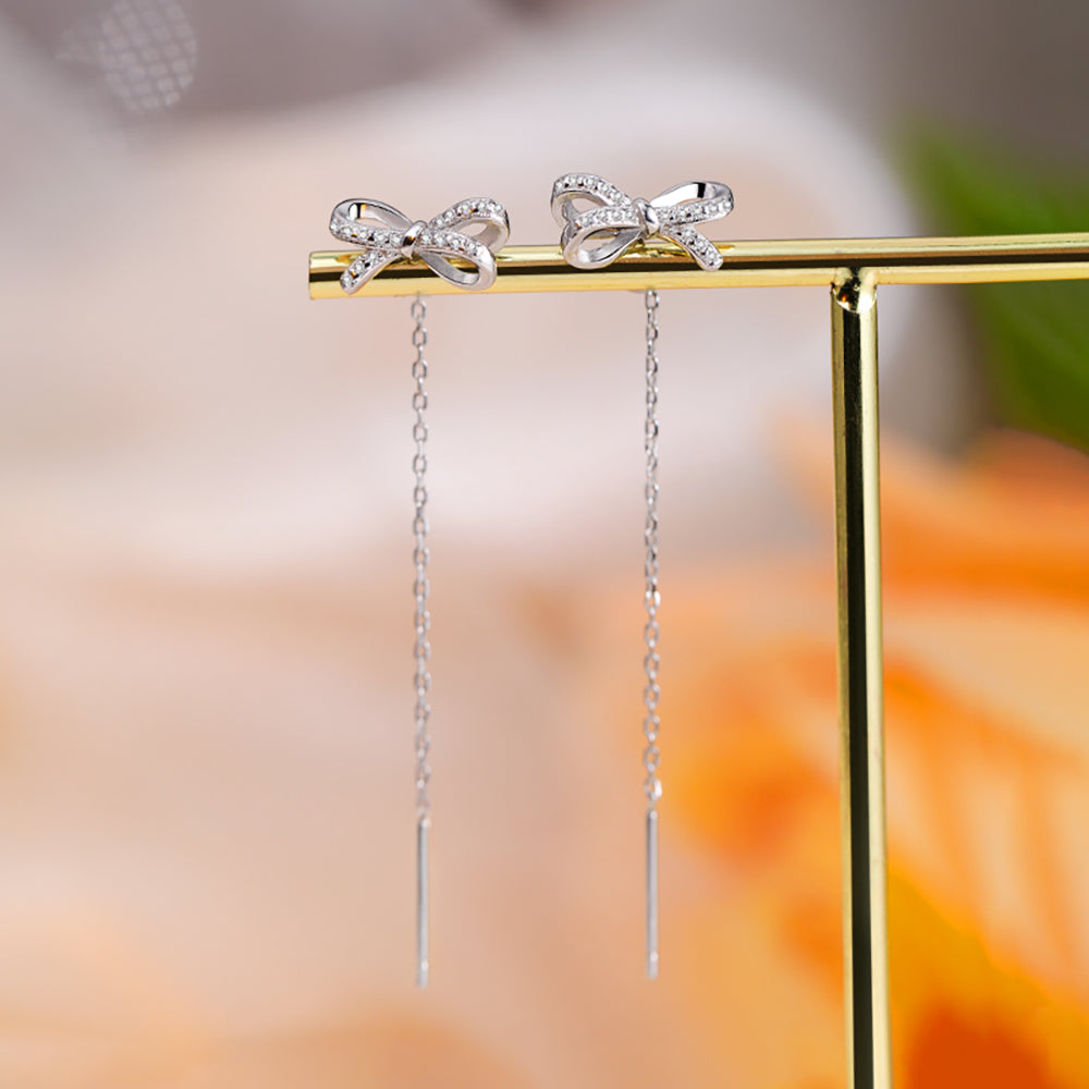 Reffeer Solid 925 Sterling Silver CZ Bow Dangle Chain Earrings for Women Teens Tiny Bow Dangle Earrings Threader Tassel