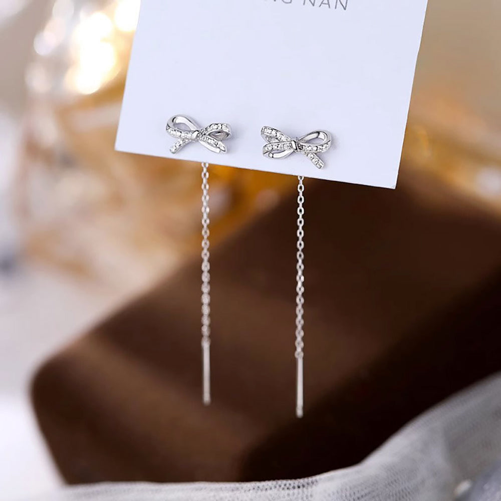 Reffeer Solid 925 Sterling Silver CZ Bow Dangle Chain Earrings for Women Teens Tiny Bow Dangle Earrings Threader Tassel