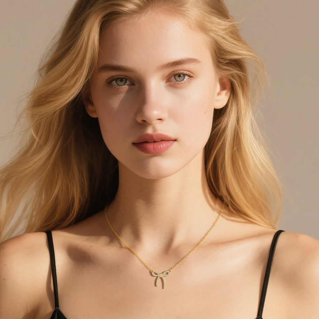 Reffeer Solid 925 Sterling Silver CZ Bow Necklace Choker for Women Teen Girls Crystal Bow Pendant Necklace Bowknot Choker Necklace