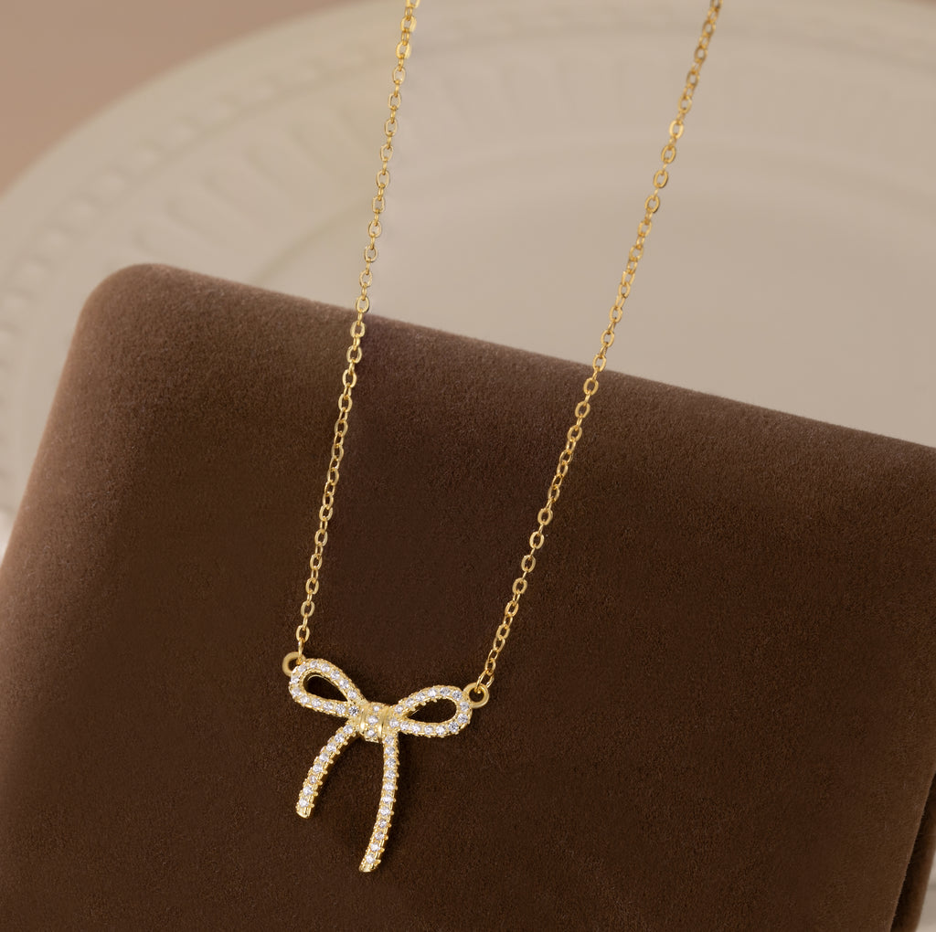 Reffeer Solid 925 Sterling Silver CZ Bow Necklace Choker for Women Teen Girls Crystal Bow Pendant Necklace Bowknot Choker Necklace