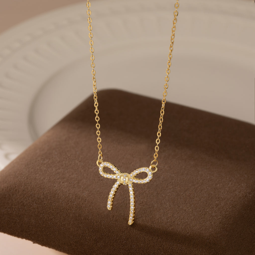 Reffeer Solid 925 Sterling Silver CZ Bow Necklace Choker for Women Teen Girls Crystal Bow Pendant Necklace Bowknot Choker Necklace